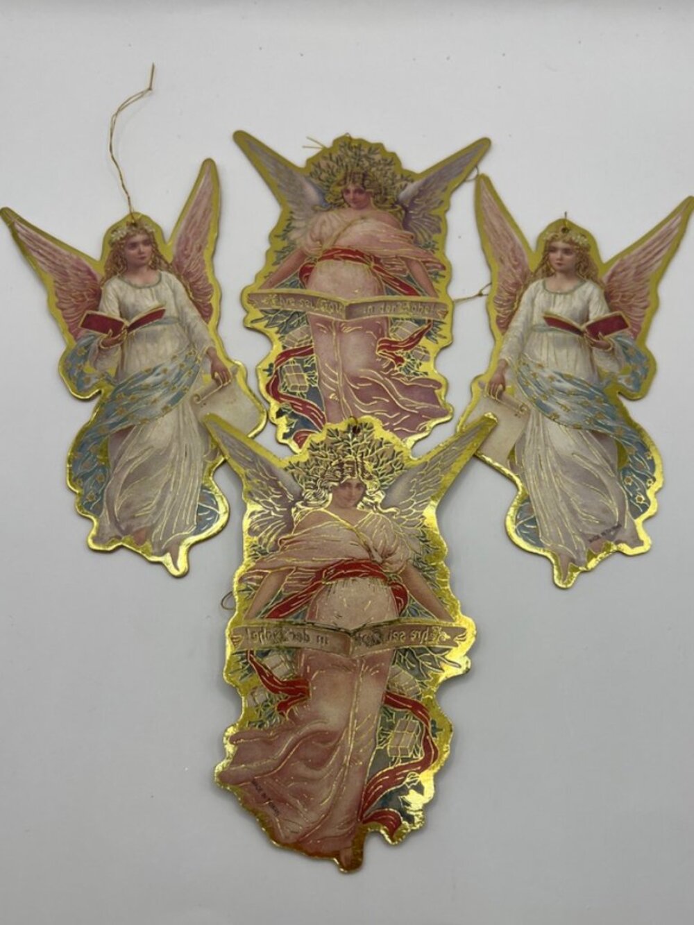 Lot of 4 Vtg Victorian Angel Cherubs Die Cut Ornaments Pastel Gold Trim 5”
